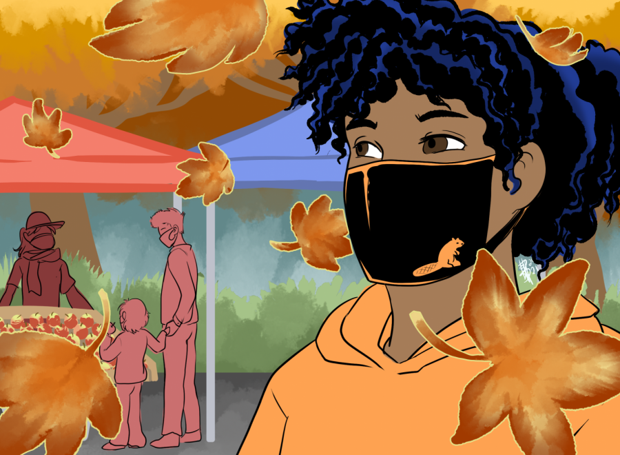 An illustration of a woman wearing a mask and looking around at a Fall Festival scene.